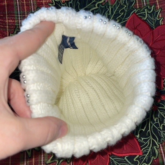 Brand New French Connection Pom Beanie Cable Knit Hat Light Cream Silver Studded main image 6